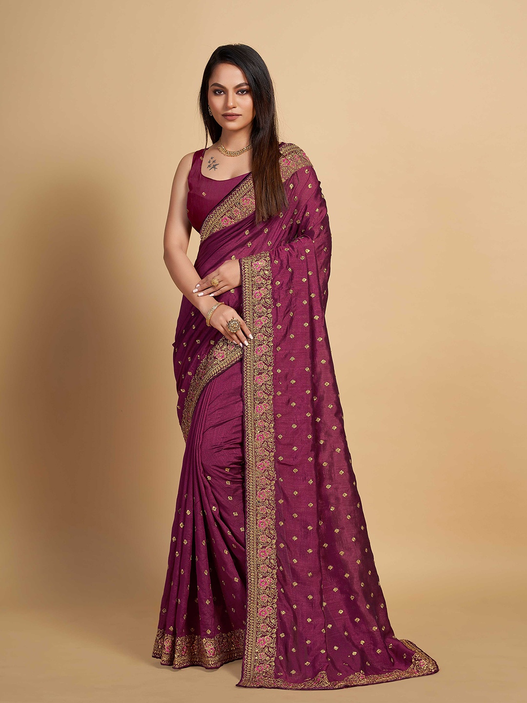 

ZIKARAA Floral Embroidered Silk Cotton Saree, Purple