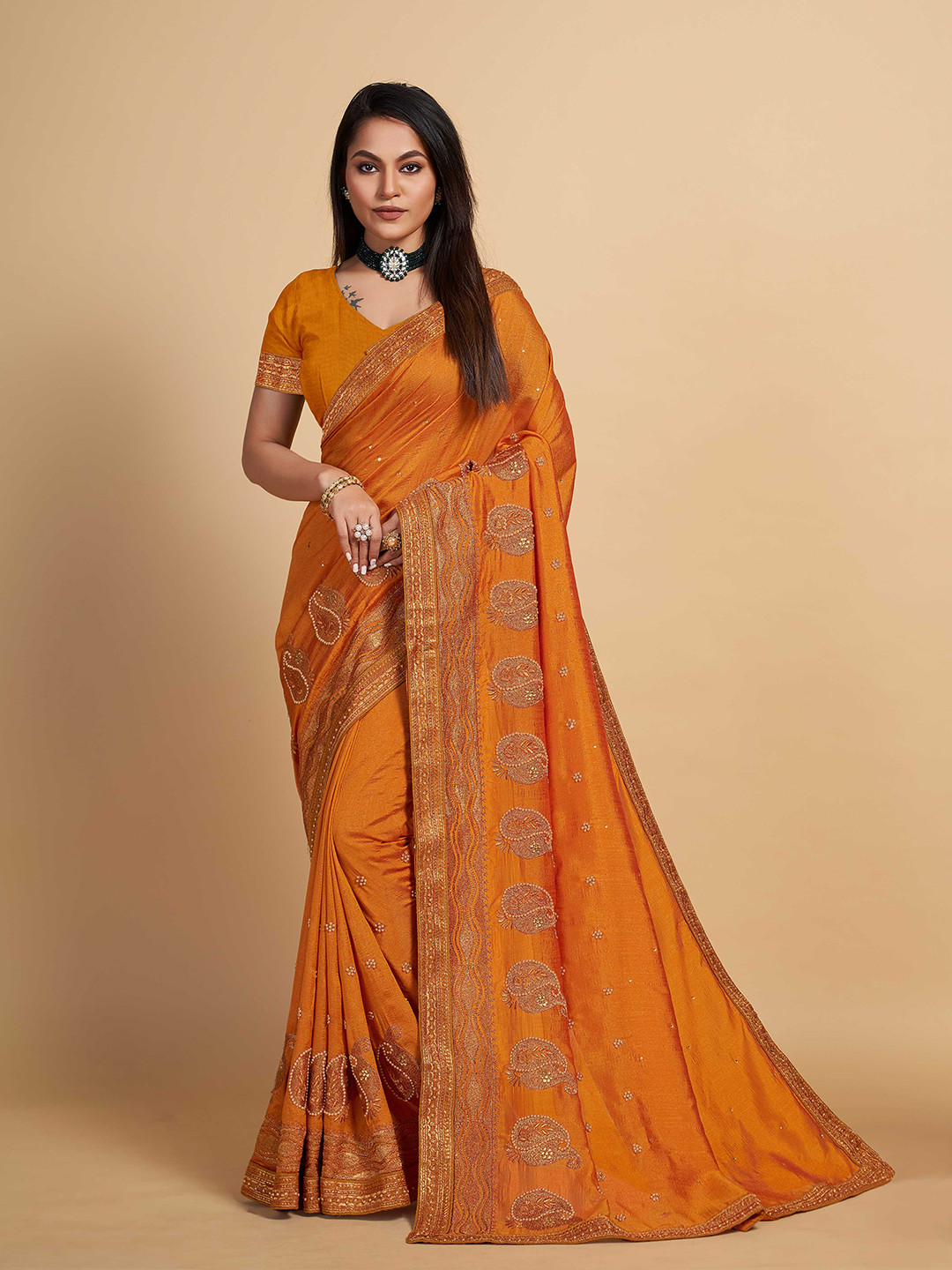 

ZIKARAA Paisley Embroidered Silk Cotton Saree, Mustard