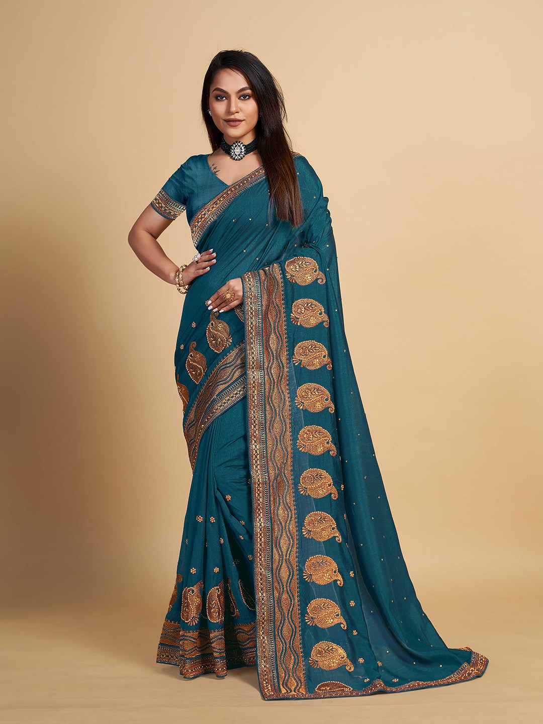 

ZIKARAA Ethnic Motifs Embroidered Silk Cotton Saree, Turquoise blue