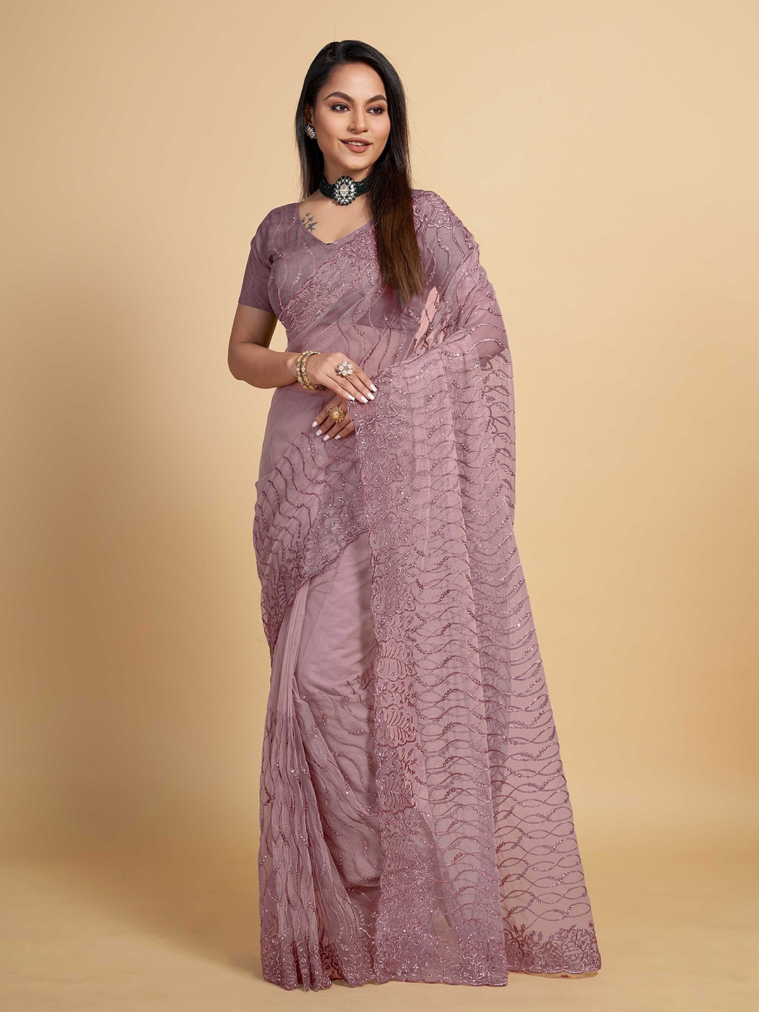

ZIKARAA Embroidered Stone Net Heavy Work Saree, Brown