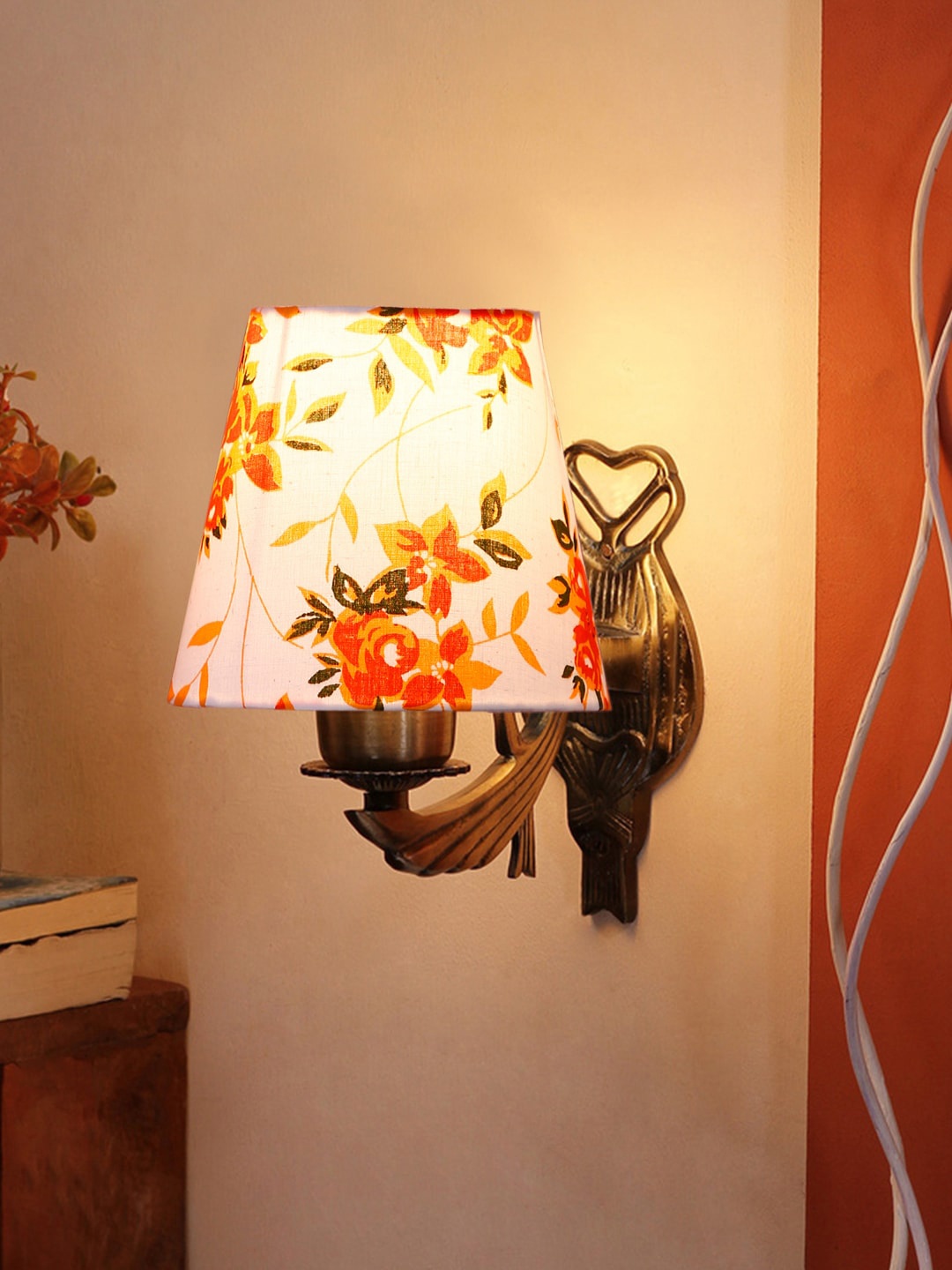 

Devansh White & Orange Printed Antique Wall Lamp With Cotton Conical Shade