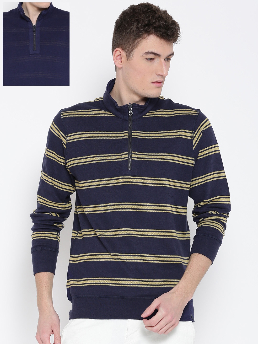 

Monte Carlo Men Navy Blue & Yellow Striped Reversible Sweatshirt