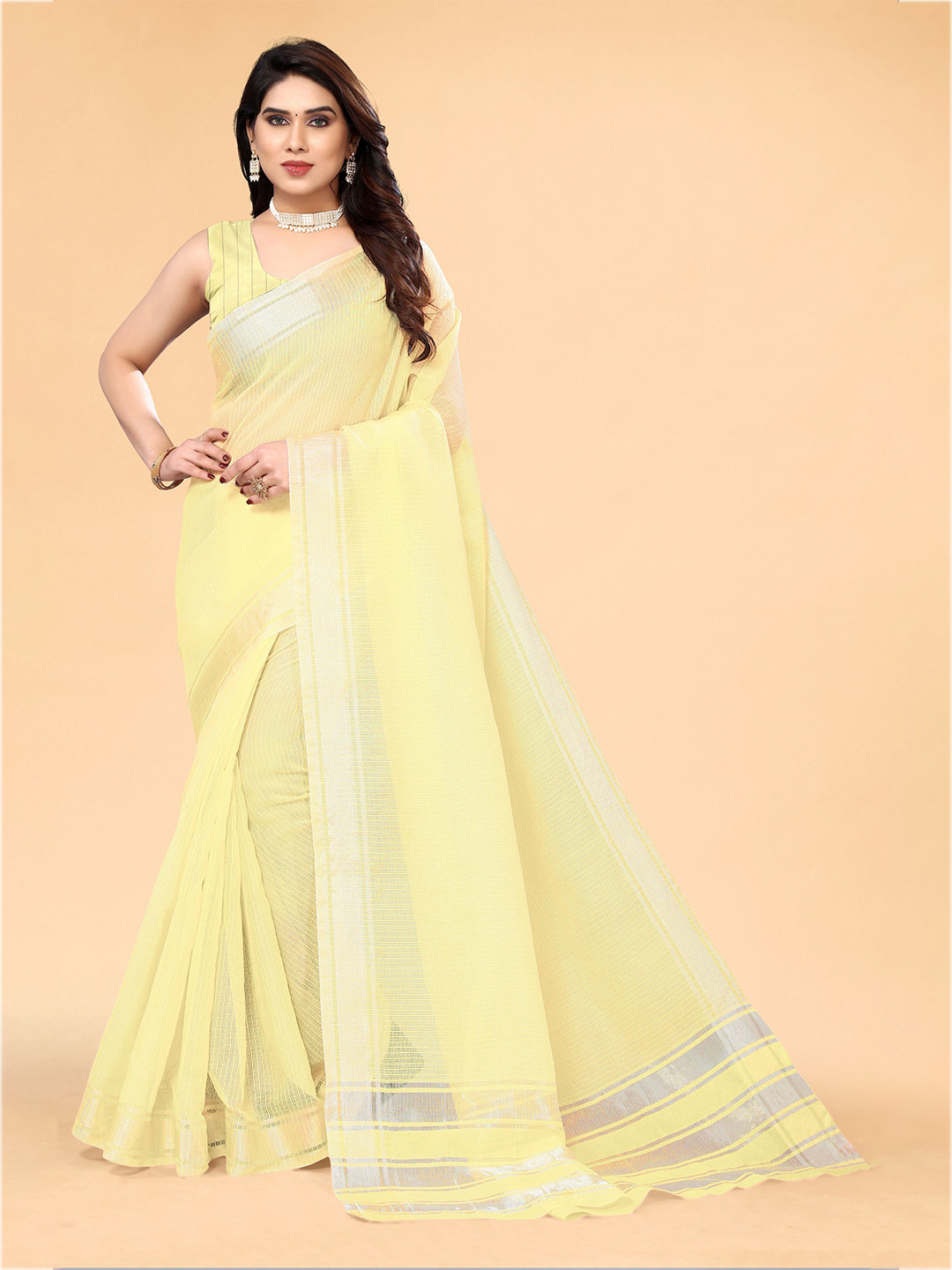 

Sidhidata Striped Woven Design Zari Kota Saree, Yellow