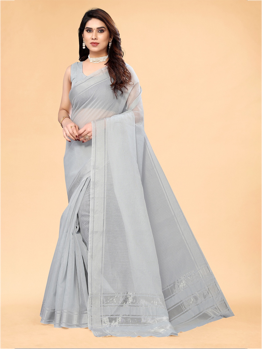 

Sidhidata Striped Zari Kota Saree, Grey