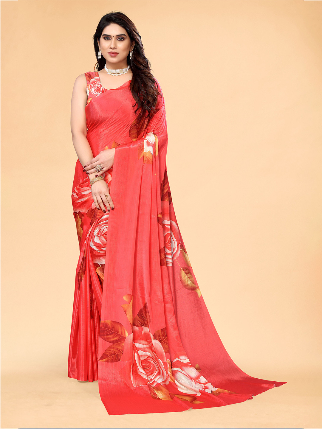 

Sidhidata Floral Printed Poly Chiffon Narayan Peth Saree, Coral