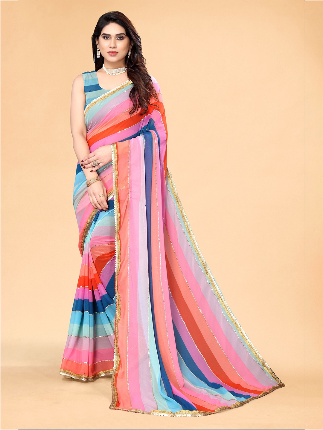 

Sidhidata Striped Pure Georgette Leheriya Saree, Pink