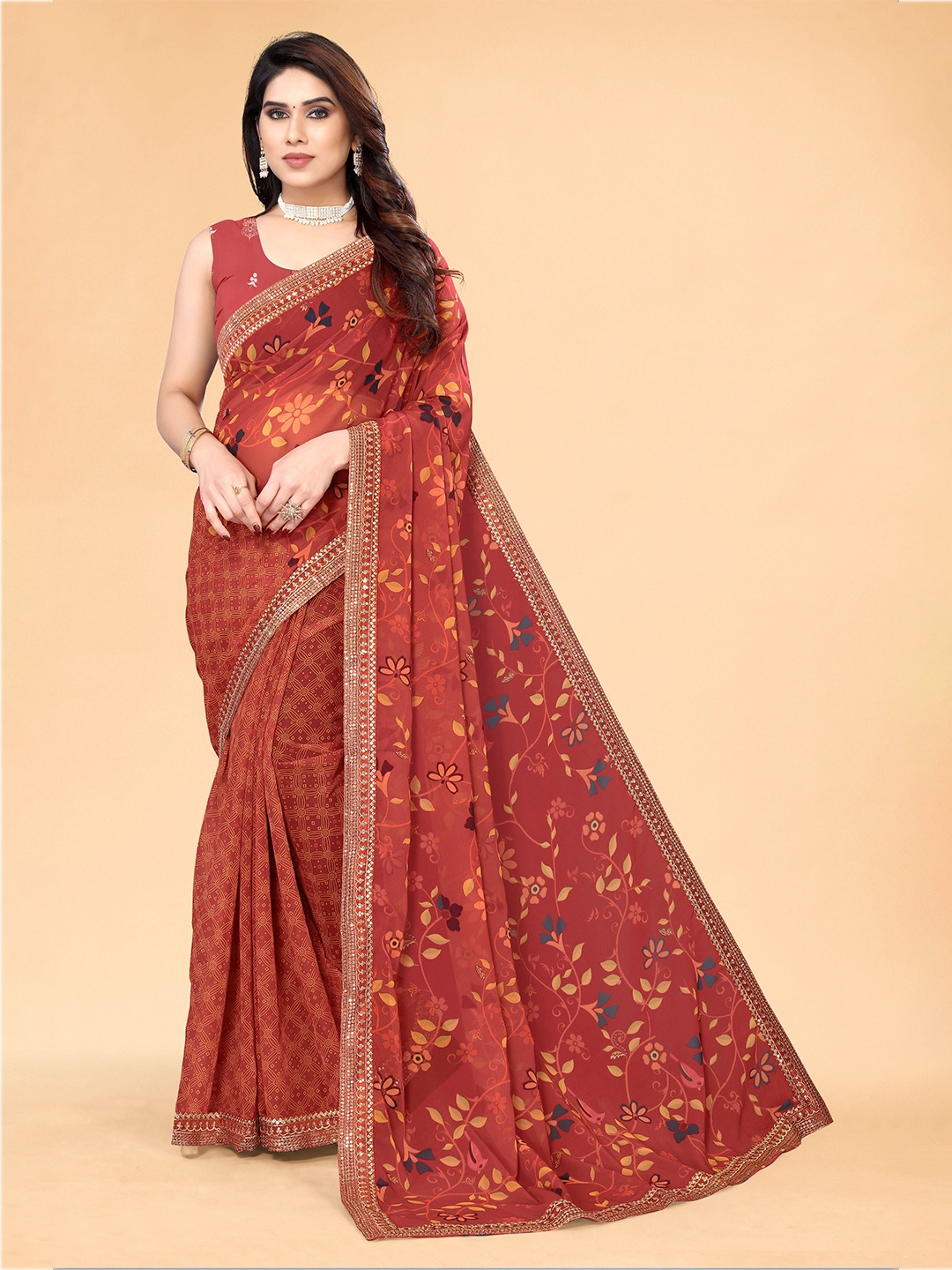 

Sidhidata Floral Printed Sequinned Pure Georgette Maheshwari Saree, Brown