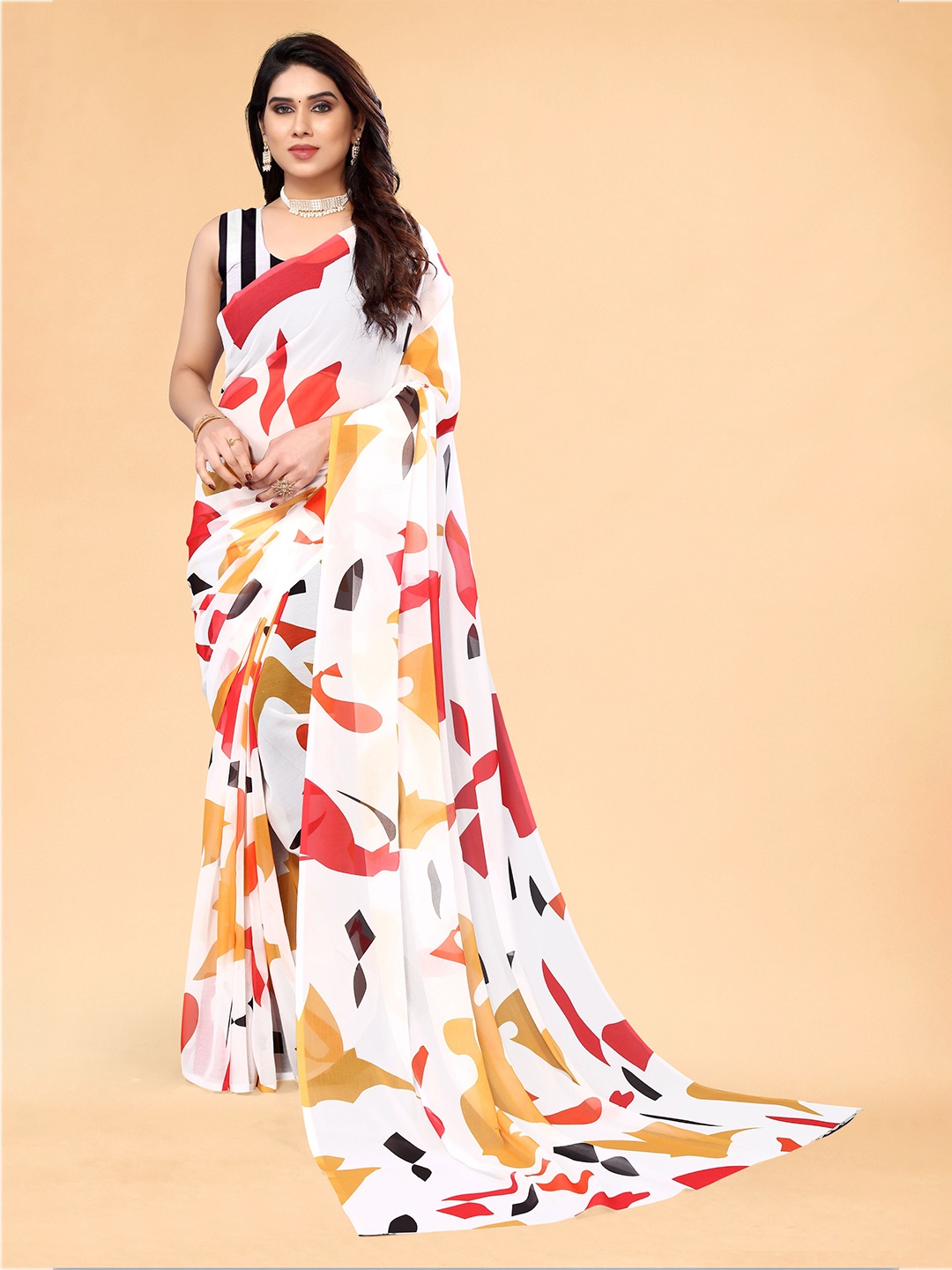 

Sidhidata Abstract Printed Pure Georgette Bandhani Saree, White