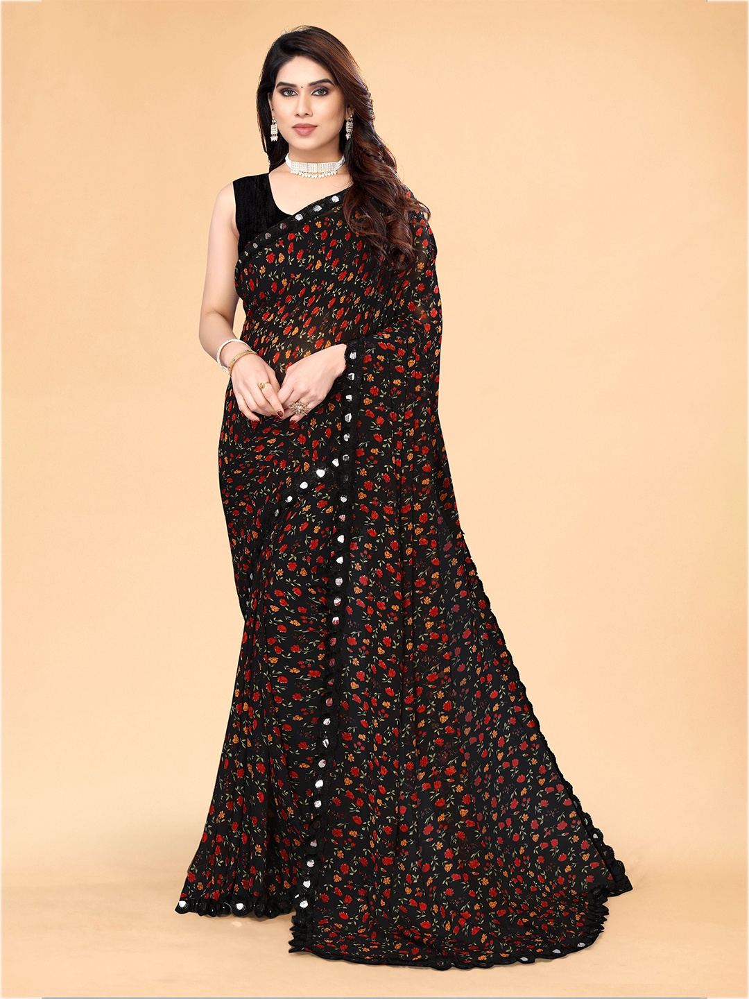 

Sidhidata Floral Printed Mirror Work Pure Georgette Venkatgiri Saree, Black