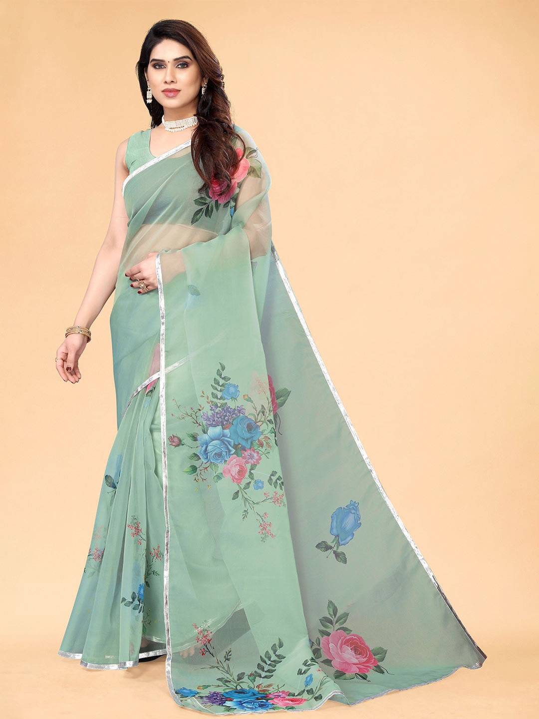 

Sidhidata Floral Printed Gotta Patti Organza Kota Saree, Green
