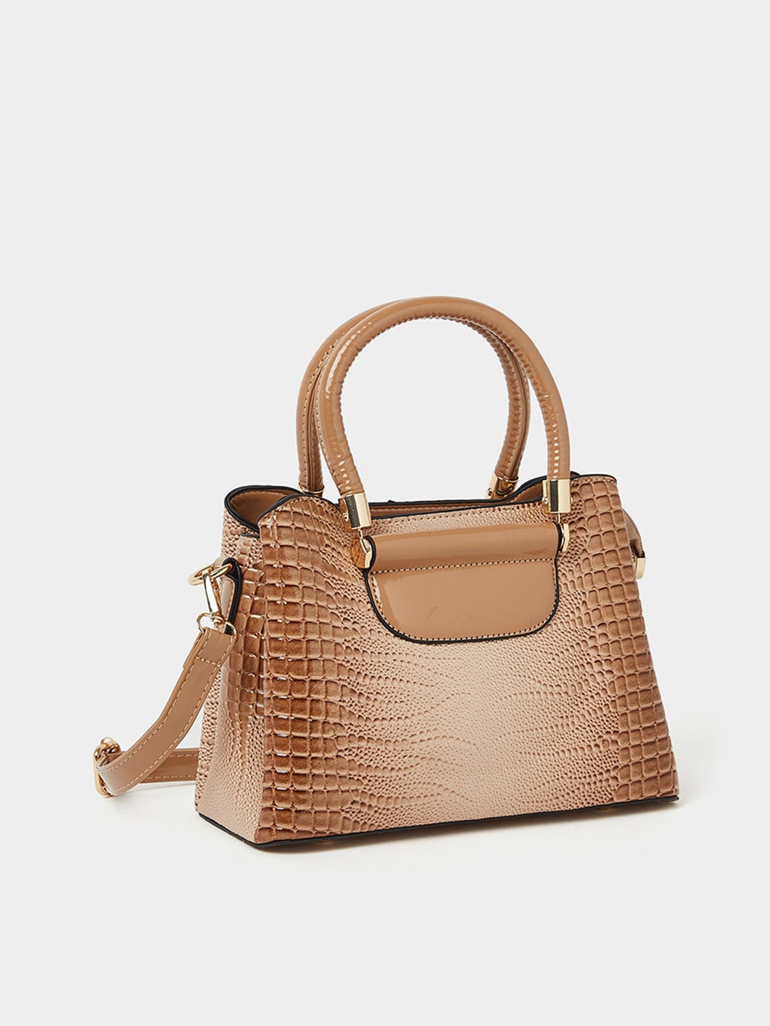 

Styli Croc Textured Handbag with Zip Closure, Beige