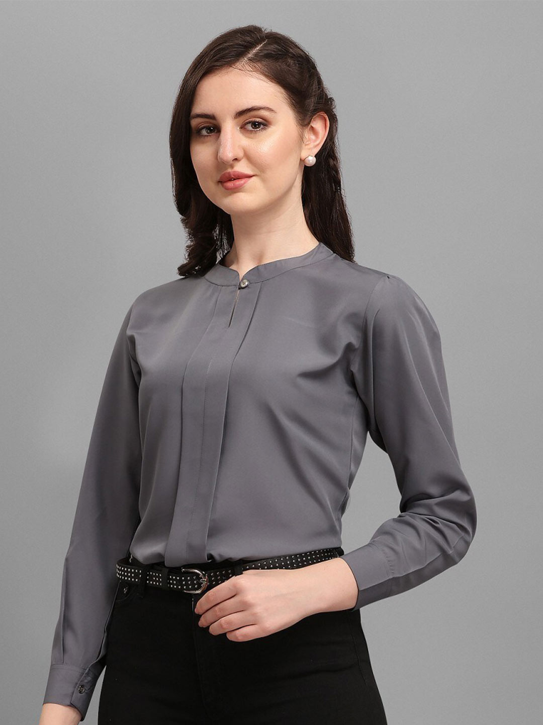 

Kinjo Mandarin Collar Long Cuffed Sleeves Regular Top, Grey