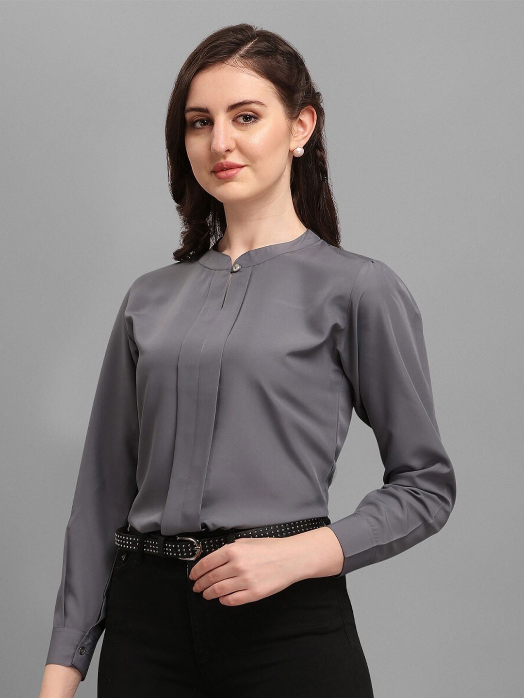 

Kinjo Mandarin Collar Long Cuffed Sleeves Regular Top, Grey