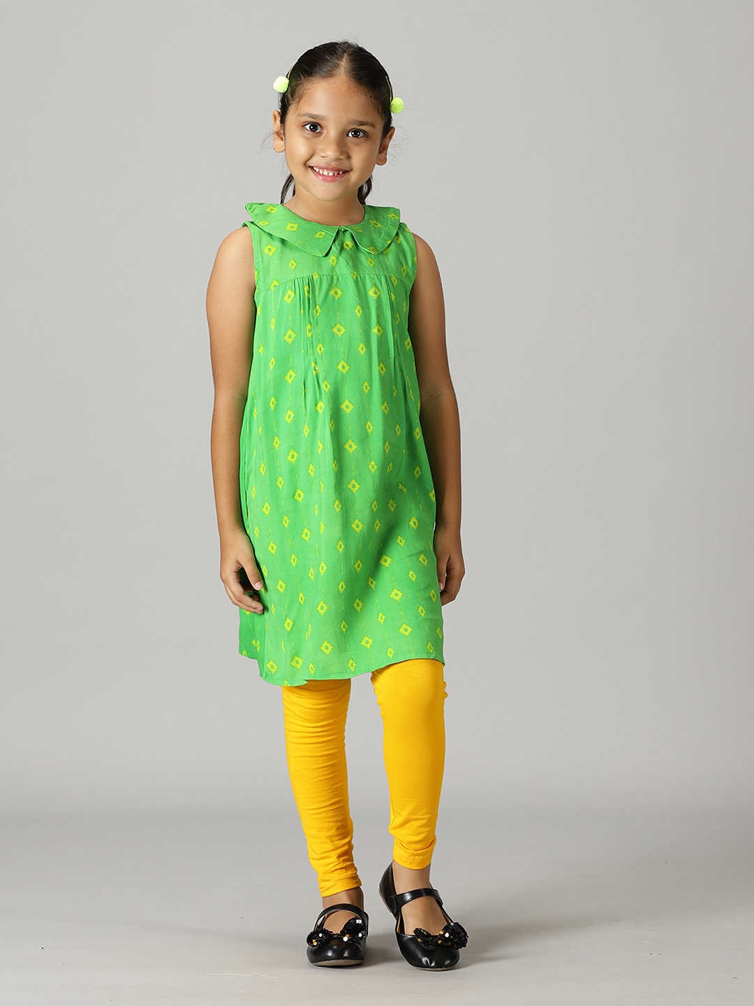 

KiddoPanti Girls Printed Peter Pan Collar A-Line Kurta, Green