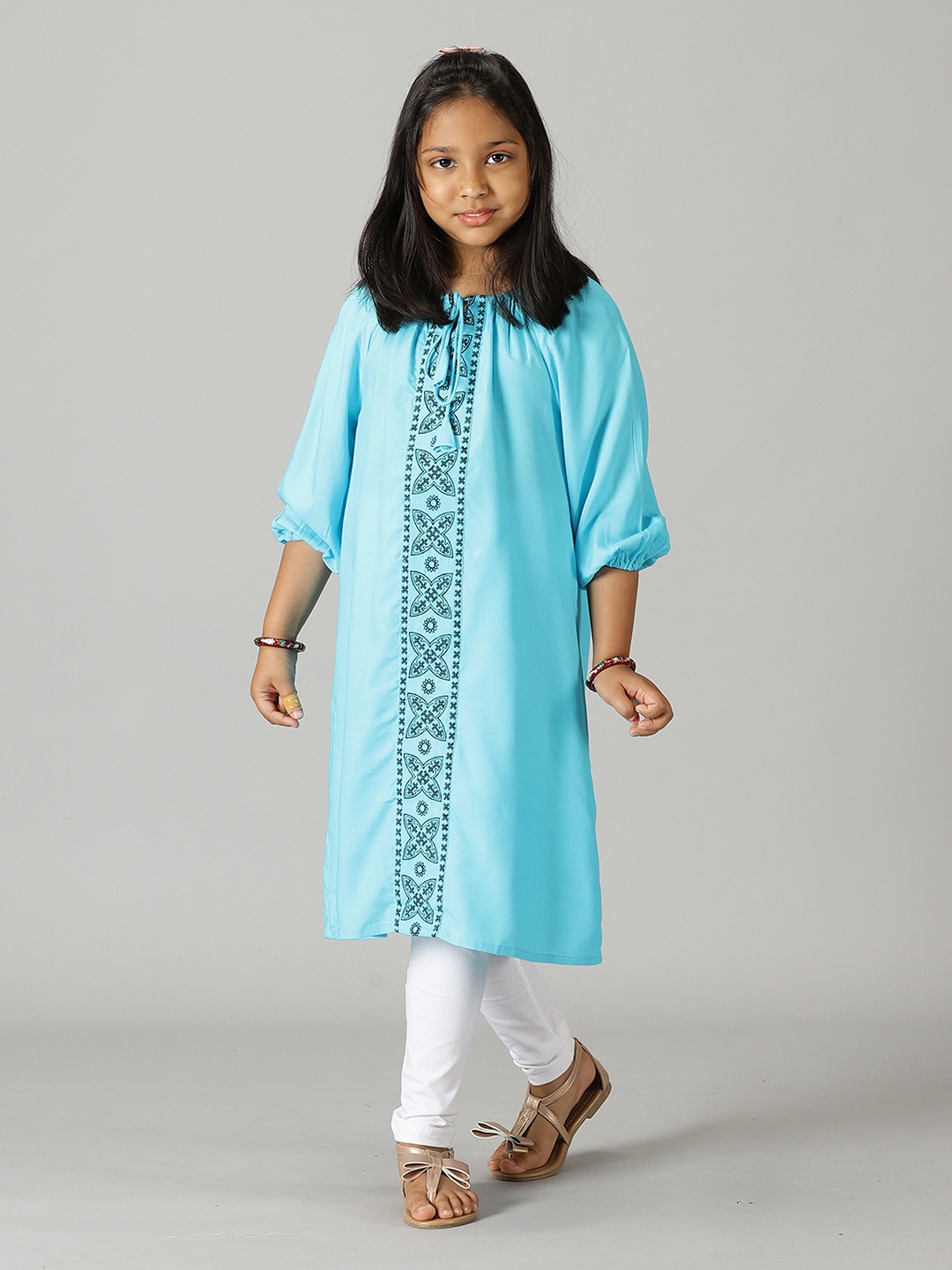 

KiddoPanti Girls Ethnic Motifs Embroidered Tie Up Neck Kurta, Blue