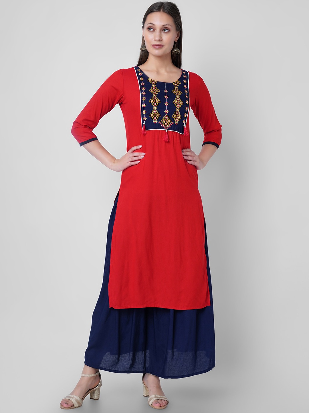 

VASANT APPAREL Ethnic Motifs Yoke Design Thread Work Kurta With Palazzos, Red