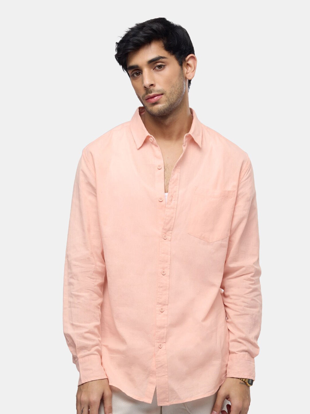 

The Souled Store Spread Collar Relaxed Cotton Linen Casual Shirt, Peach