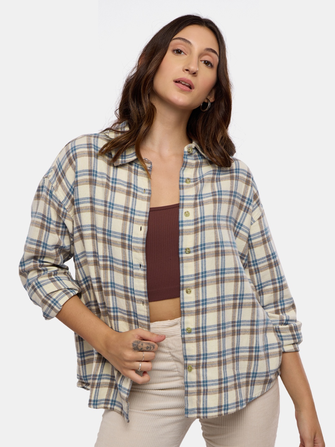 

The Souled Store Beige Tartan Checked Drop Shoulder Sleeves Cotton Casual Shirt
