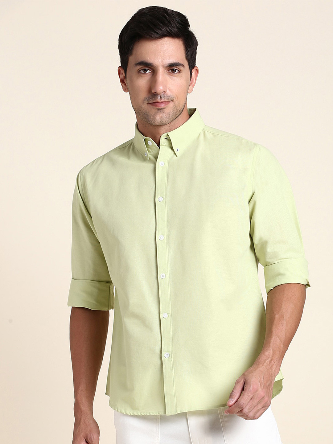 

Dennis Lingo India Slim Fit Button-Down Collar Opaque Casual Linen Cotton Shirt, Green