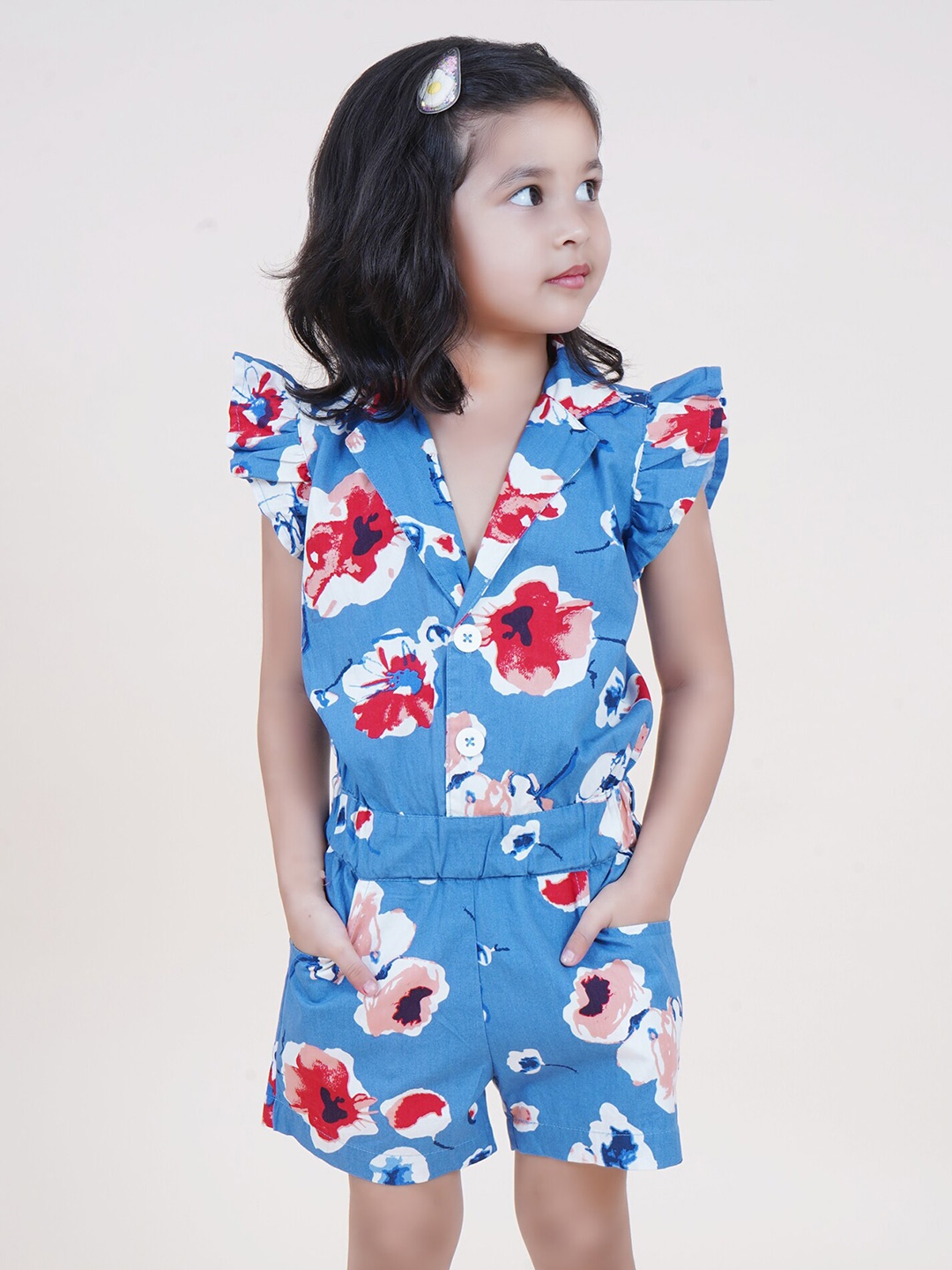 

Little Carrot Girls Floral Printed Cotton Playsuit, Blue