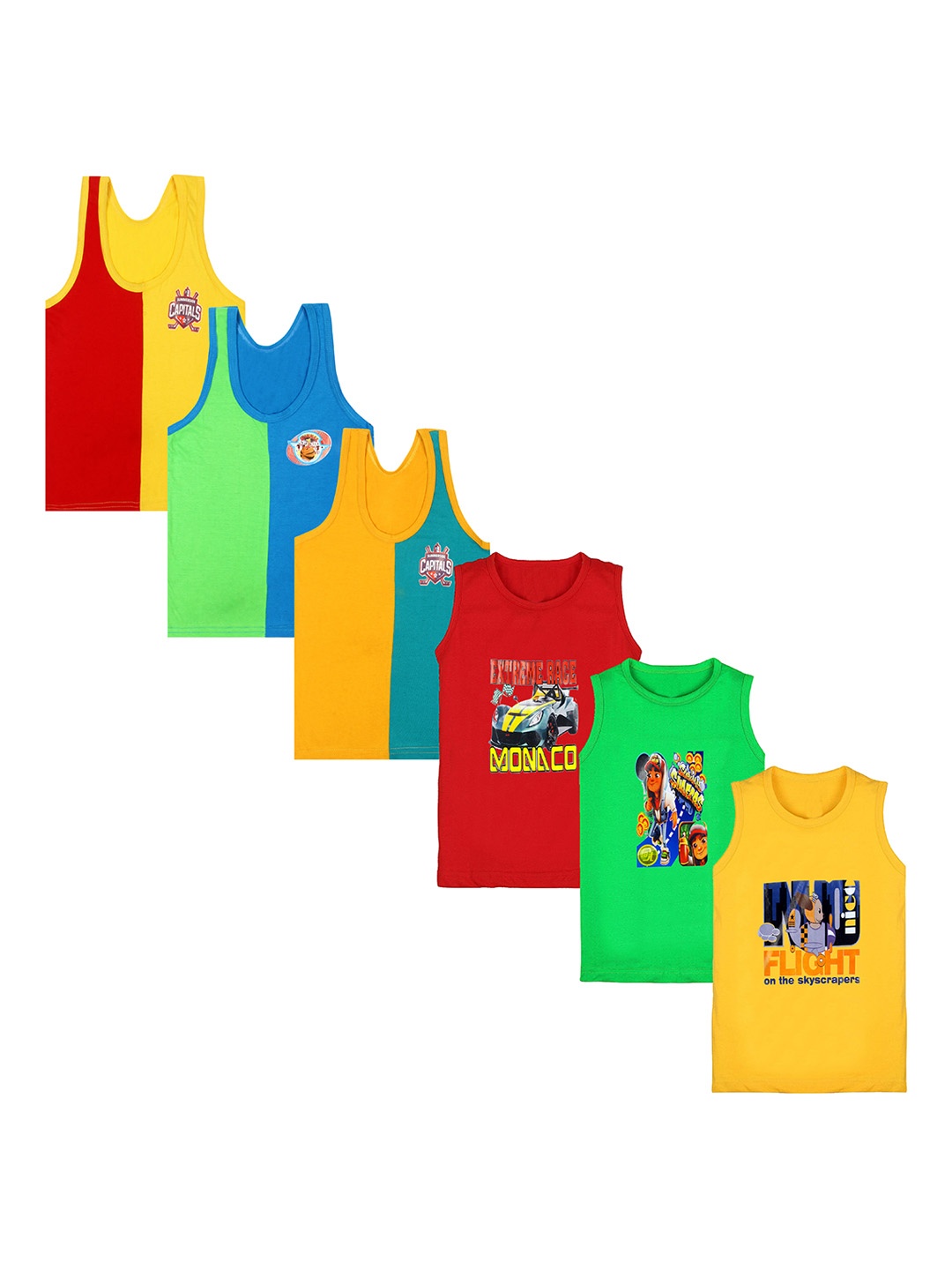 

CAREPLUS Boys Pack of 6 Printed Pure Cotton Basis Vests, Yellow