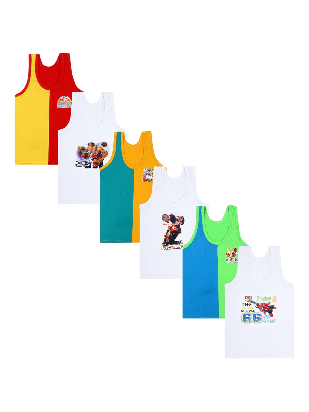 

CAREPLUS Boys Pack Of 6 Printed Pure Cotton Comfortable Basic Vests, White