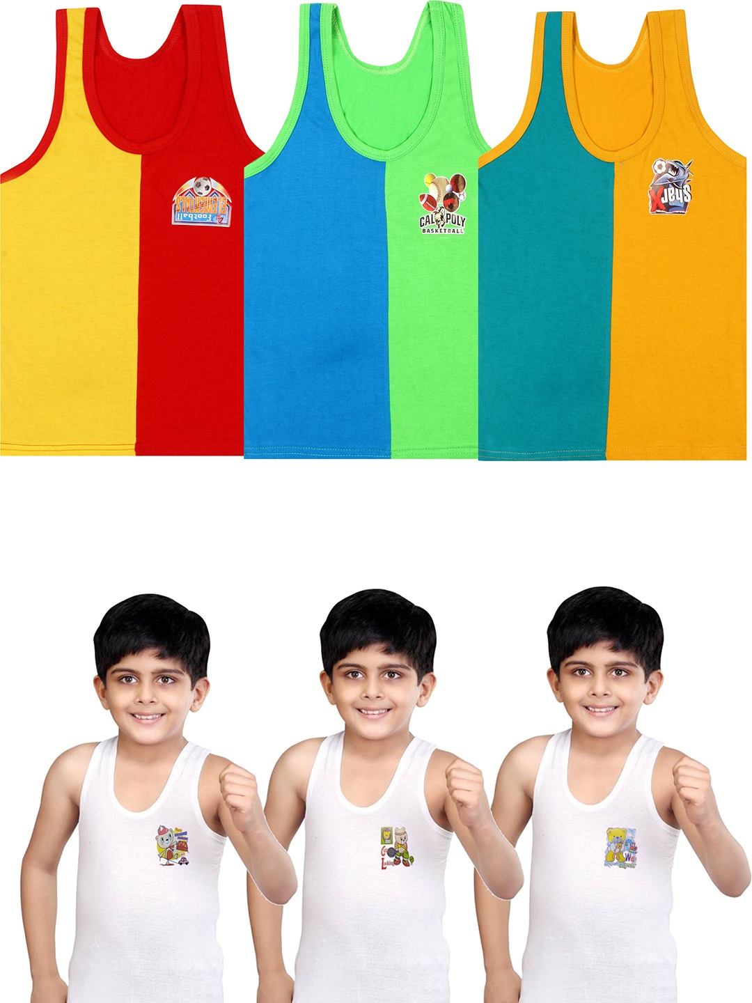 

CAREPLUS Boys Pack Of 6 Colourblocked Cotton Basic Vests, Navy blue