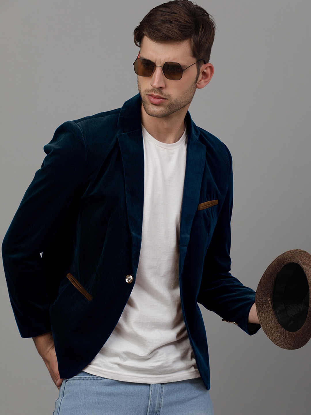 

MENS POEM Notched Lapel Collar Slim-Fit Single Breasted Blazers, Navy blue