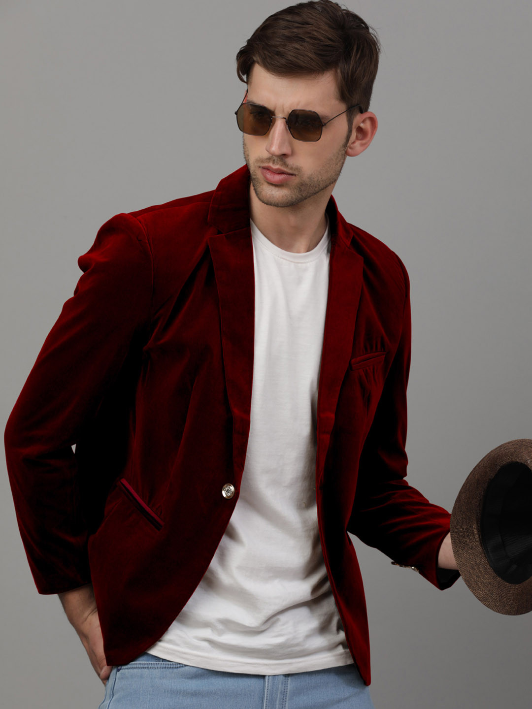 

MENS POEM Notched Lapel Collar Slim-Fit Single Breasted Blazers, Maroon