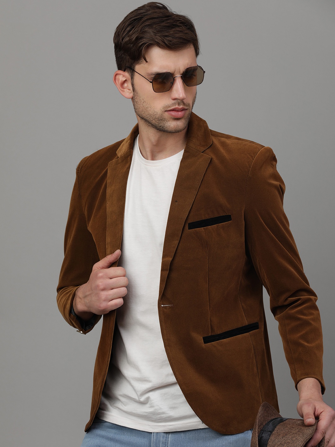 

MENS POEM Men Single-Breasted Slim-Fit Corduroy Casual Blazer, Khaki