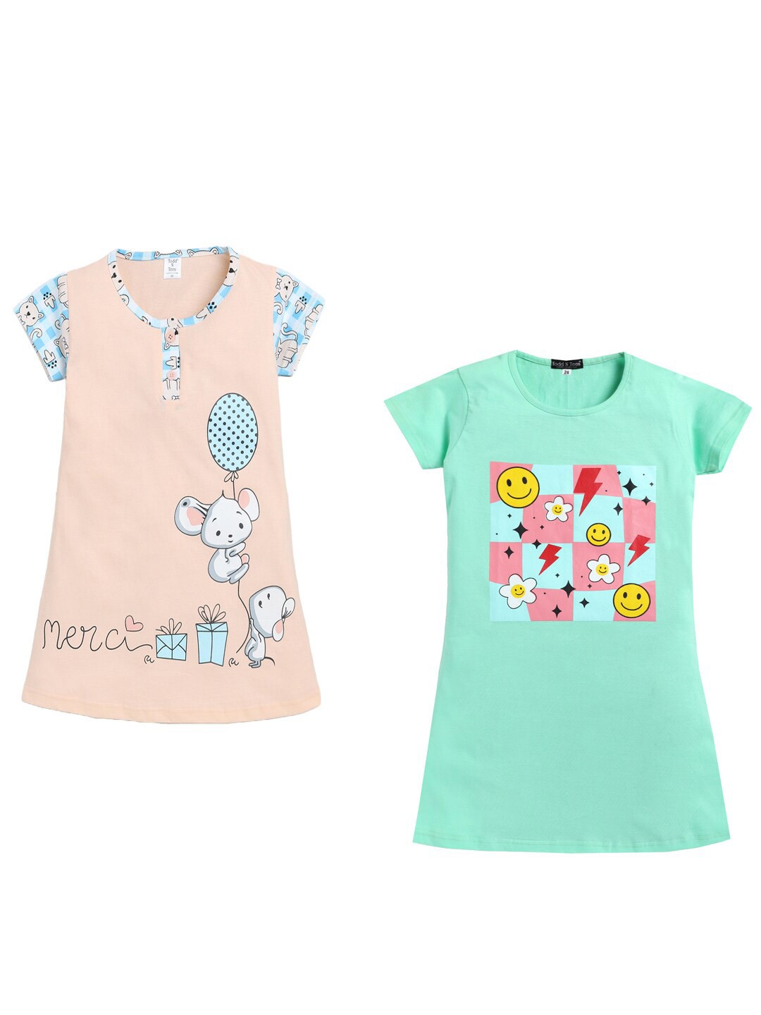 

Todd N Teen Girls Pack Of 2 Graphic Printed Pure Cotton Nightdress, Green