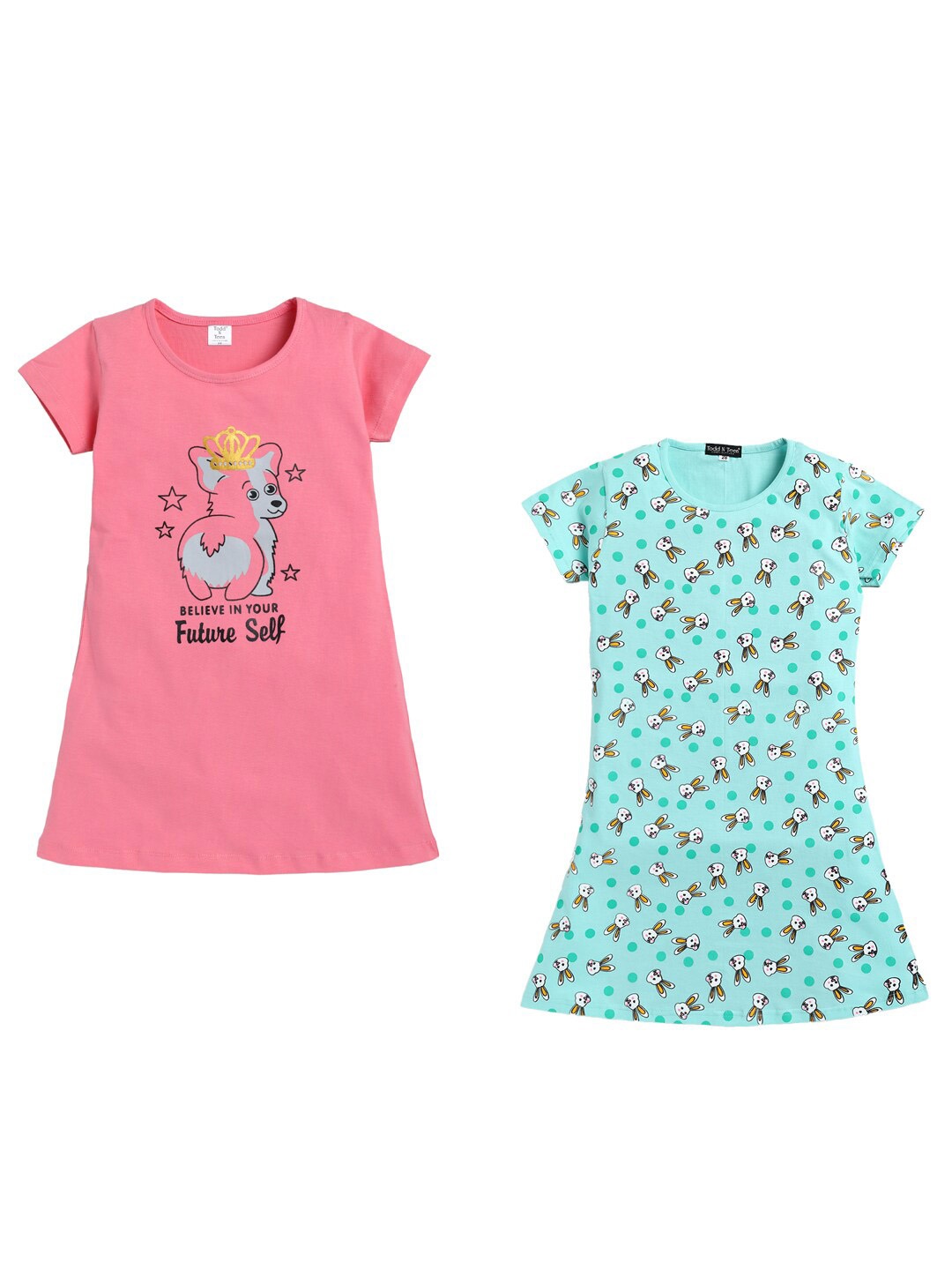 

Todd N Teen Girls Pack Of 2 Conversational Printed Pure Cotton Nightdress, Pink