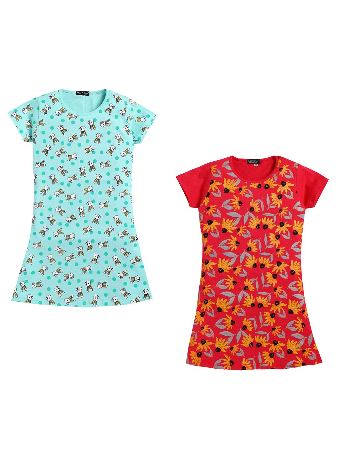 

Todd N Teen Girls Pack Of 2 Conversational Printed Pure Cotton Nightdress, Sea green