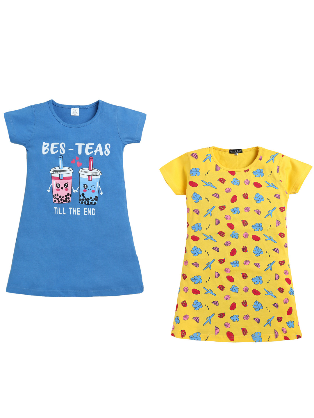 

Todd N Teen Girls Pack Of 2 Conversational Printed Pure Cotton Nightdress, Yellow