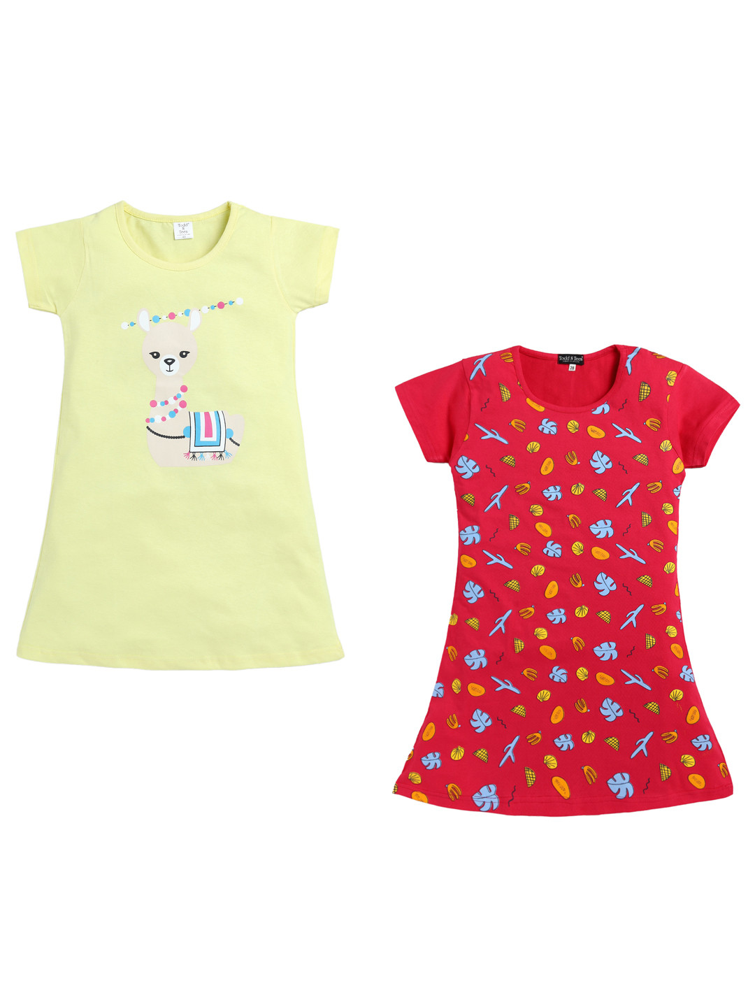 

Todd N Teen Girls Pack Of 2 Conversational Printed Pure Cotton Nightdress, Yellow