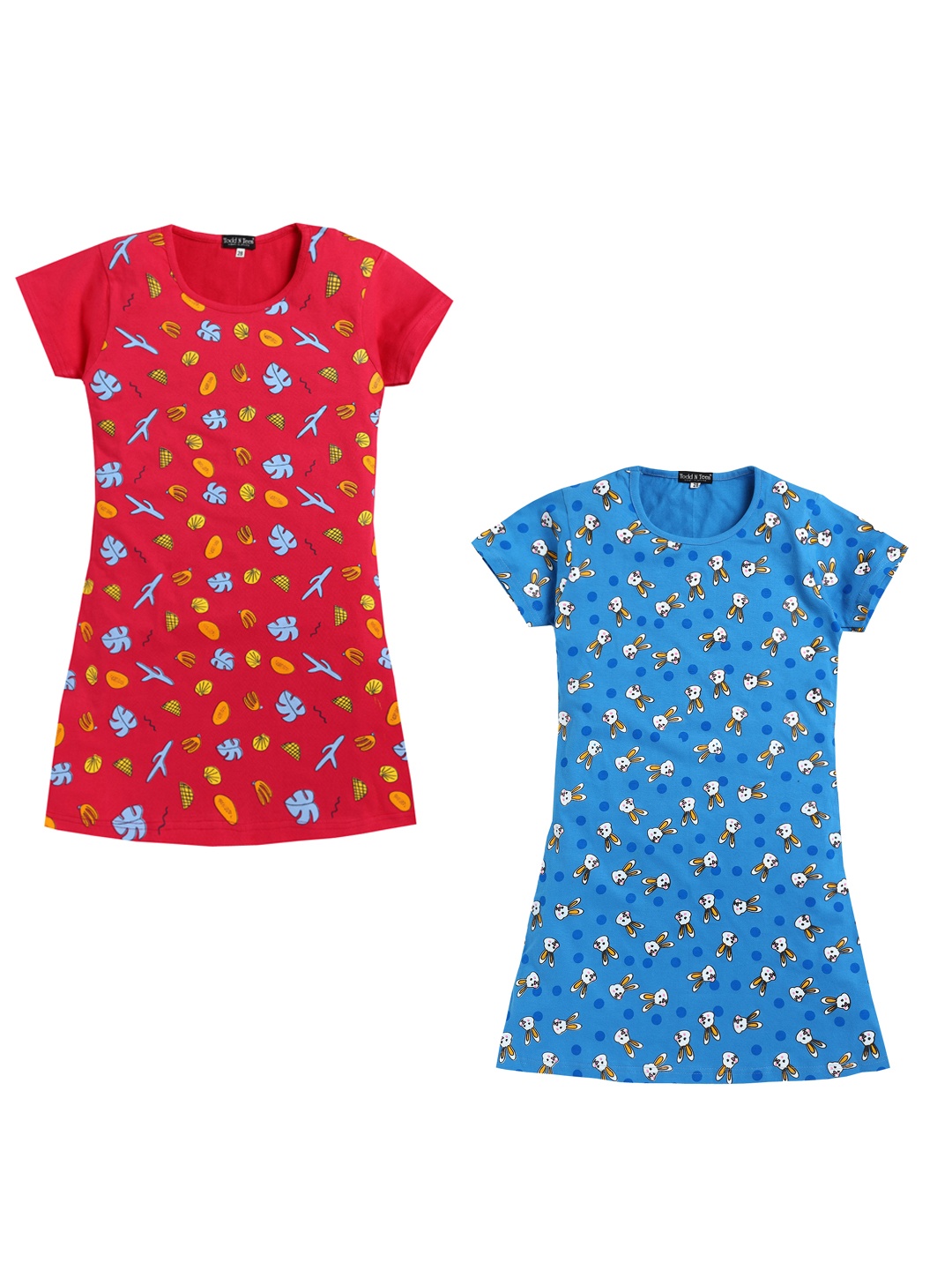 

Todd N Teen Girls Pack Of 2 Conversational Printed Pure Cotton Nightdress, Blue