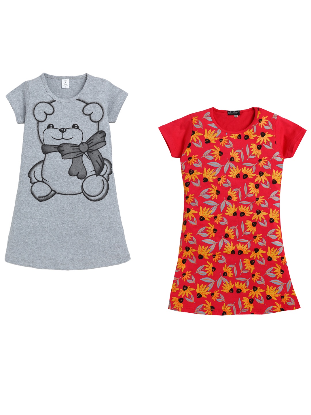 

Todd N Teen Girls Pack Of 2 Graphic Printed Pure Cotton Nightdress, Red