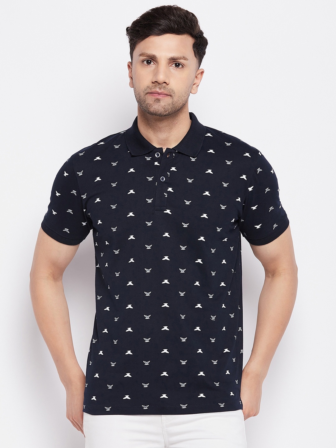 

WILD WEST Conversational Printed Polo Collar Cotton T-shirt, Navy blue