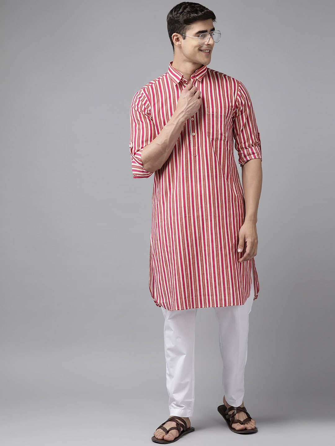 

See Designs Striped Shirt Collar Pure Cotton Pathani Kurta, Fuchsia