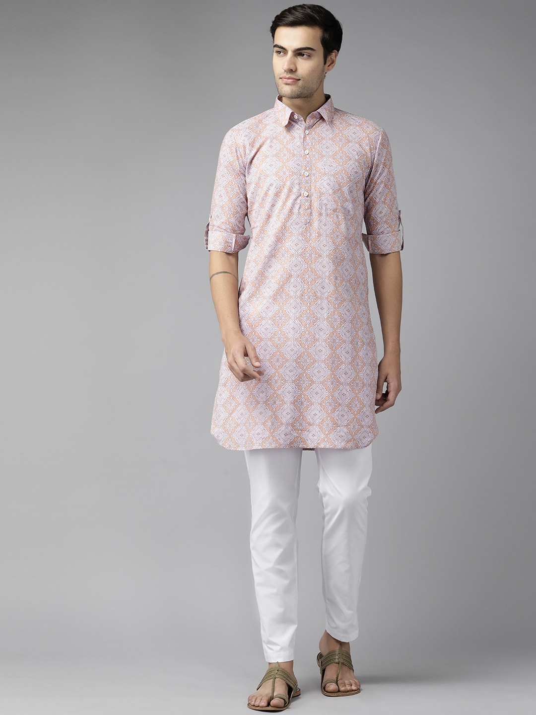 

See Designs Ethnic Motifs Printed Shirt Collar Pure Cotton Pathani Kurta, Beige