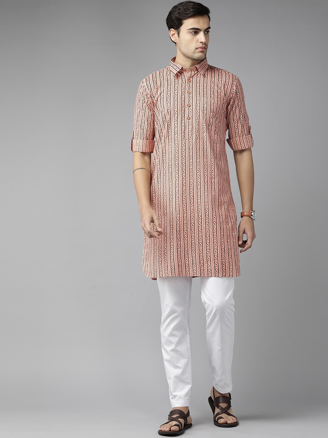 

See Designs Ethnic Motifs Printed Shirt Collar Pure Cotton Pathani Kurta, Peach