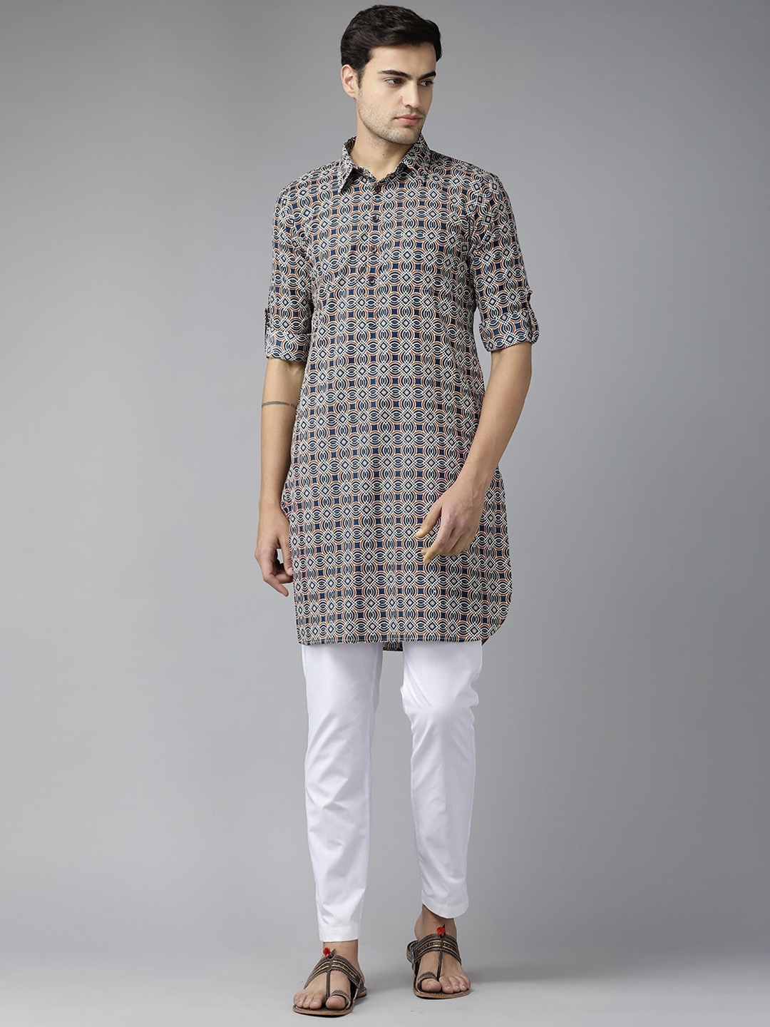 

See Designs Ethnic Motifs Printed Cotton Pathani Kurta, Navy blue