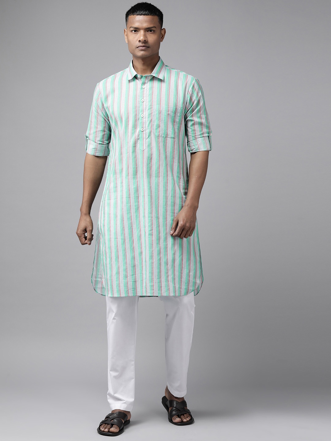 

See Designs Vertical Striped Cotton Pathani Kurta, Green