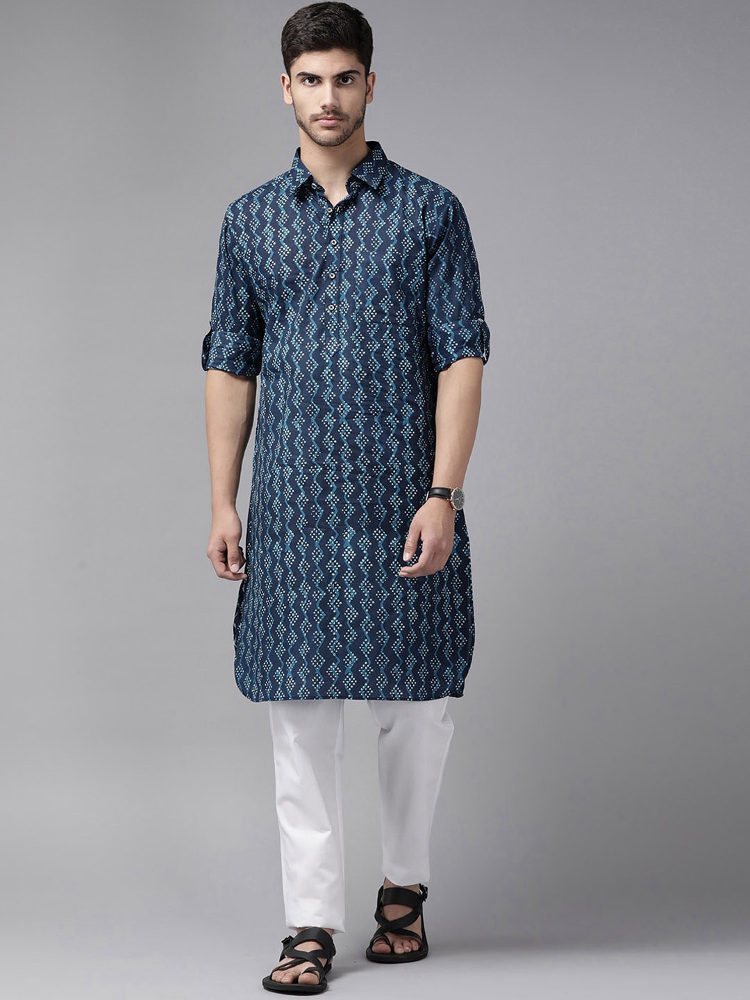 

See Designs Geometric Printed Cotton Pathani Kurta, Navy blue