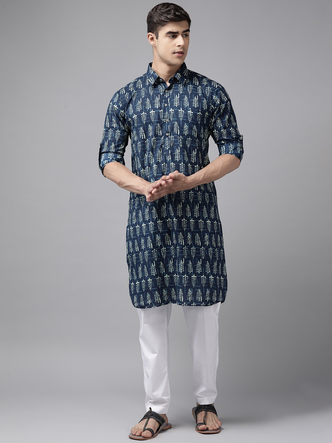 

See Designs Ethnic Motifs Printed Shirt Collar Pathani Pure Cotton Kurta, Navy blue
