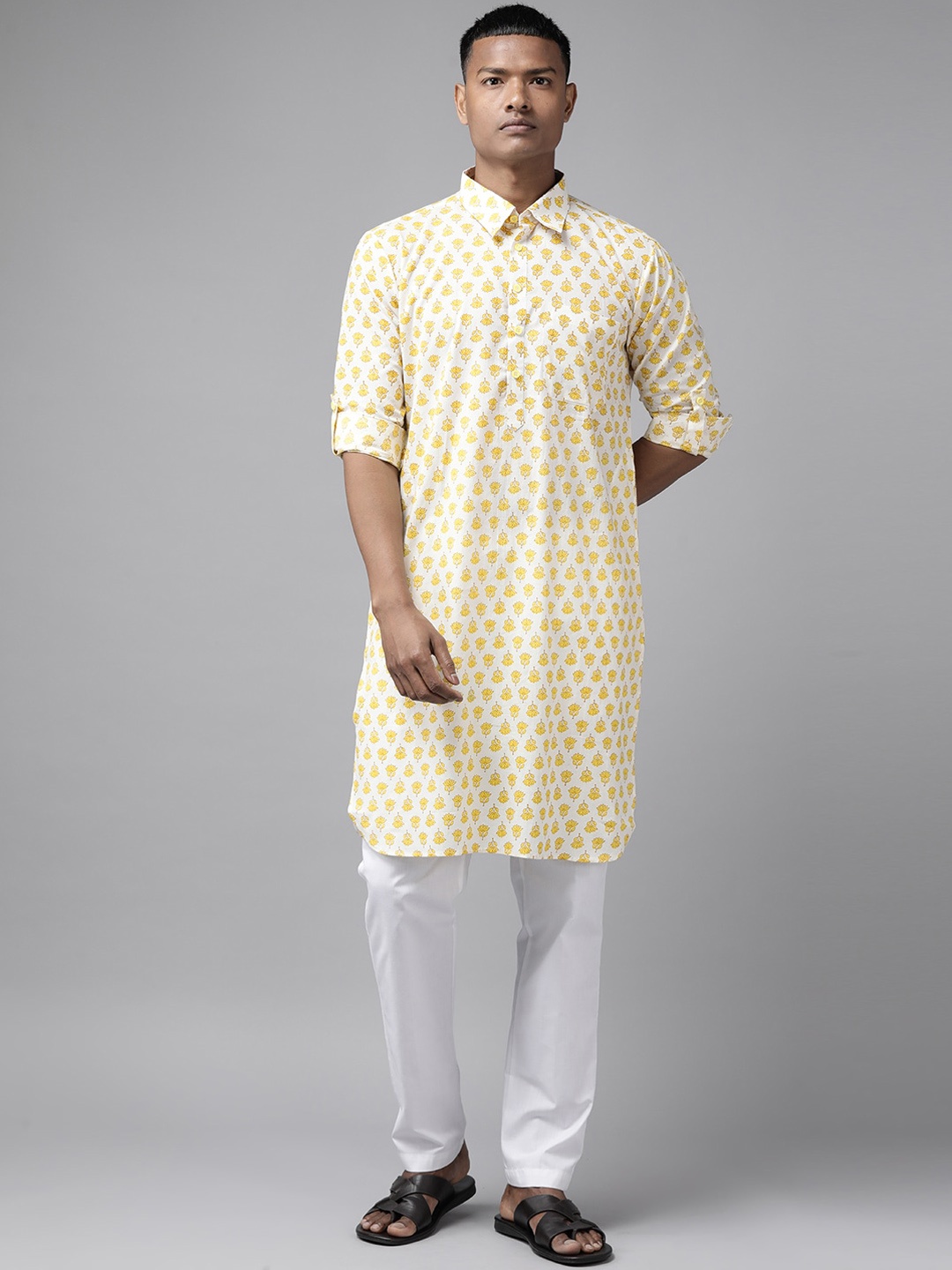 

See Designs Floral Printed Cotton Pathani Kurta, Off white