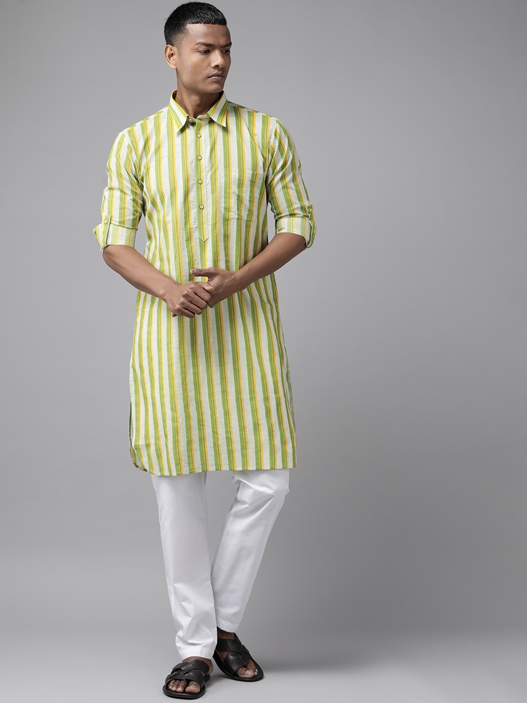 

See Designs Men Striped Shirt Collar Pure Cotton Pathani Kurta, Lime green