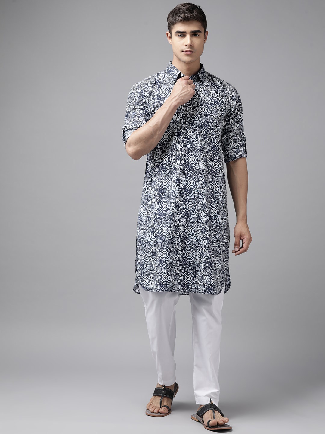 

See Designs Ethnic Motifs Printed Cotton Pathani Kurta, Navy blue