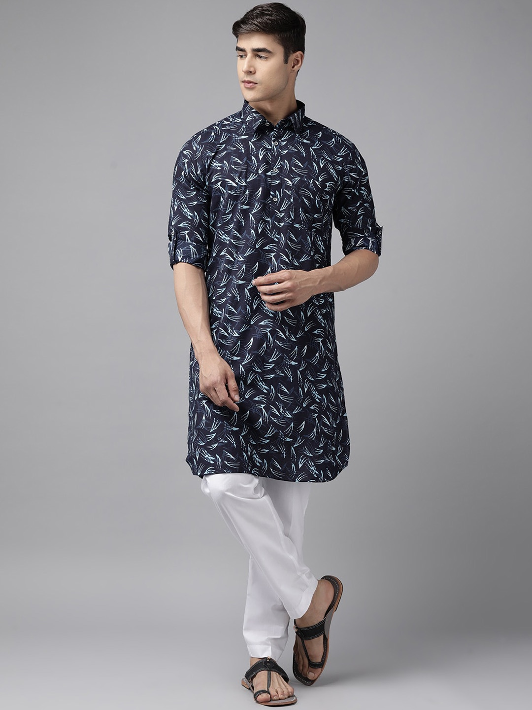 

See Designs Men Printed Pure Cotton Pathani Kurta, Navy blue