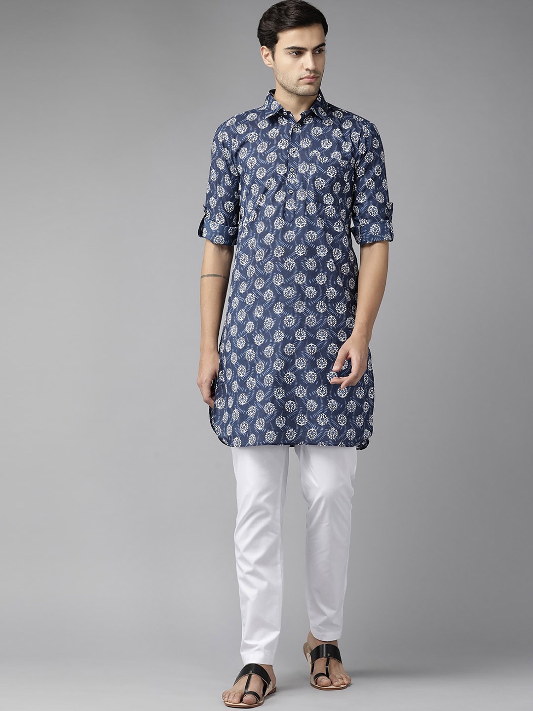 

See Designs Men Floral Printed Indigo Pure Cotton Pathani Kurta, Blue